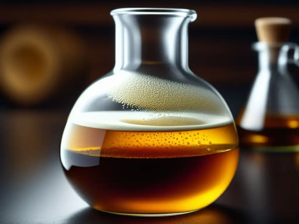 Detalle fascinante de la fermentación de levadura Detalle asombroso de fermentación con levaduras: células de levadura en una red intrincada y burbujas indicando fermentación activa