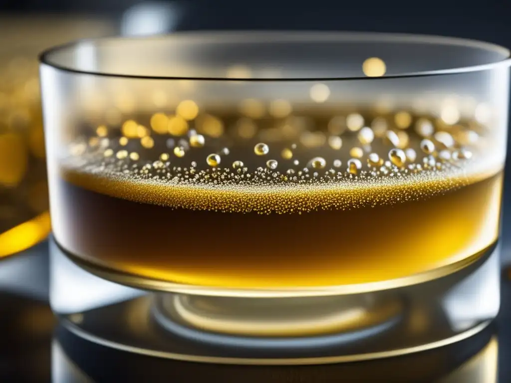 Fermentación activa en vaso de vidrio Fermentación controlada en vaso de vidrio con líquido dorado en activa fermentación, burbujas y detalles de levadura