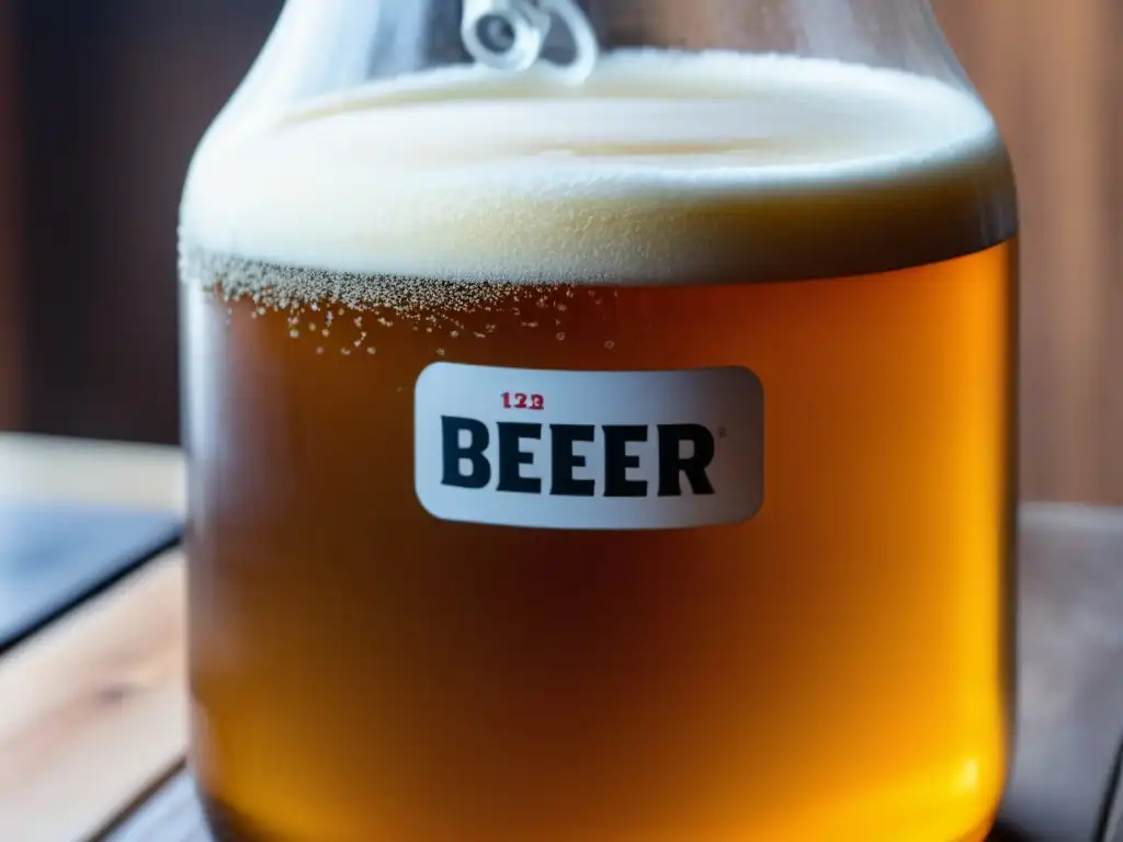 Equipos fermentación secundaria con cerveza ámbar y espuma cremosa en carboy de vidrio
