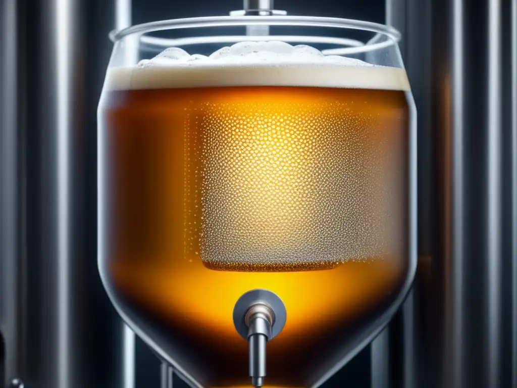 Fermentación controlada de cerveza en fermentador Detalle de fermentador de vidrio con burbujeante cerveza, mostrando proceso de fermentación controlada