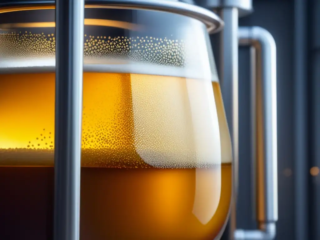 Fermentación dorada en vidrio Taller de Homebrewing: Fermentador dorado en actividad, colores y texturas intensos, condensación en la superficie