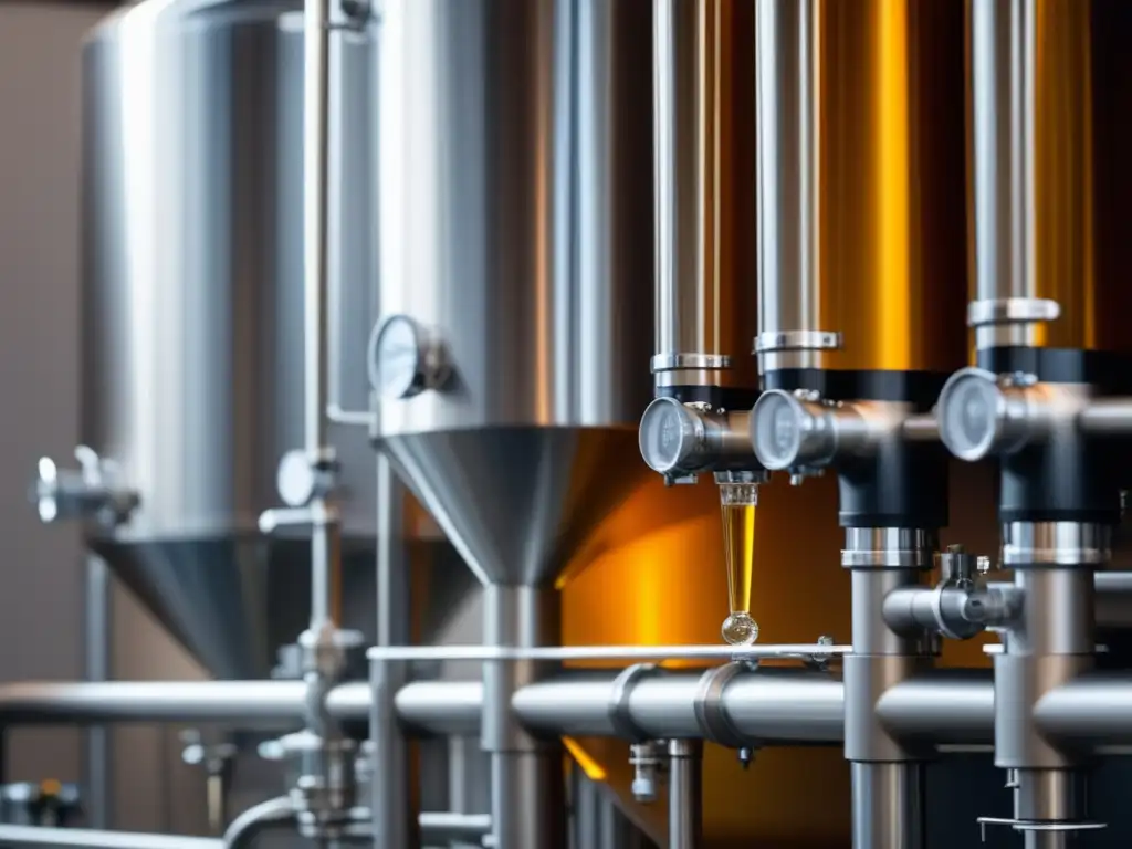 Filtrado Innovador de cerveza: sistema de filtración con tuberías, válvulas y cámaras de vidrio transparente, asegurando claridad y pureza