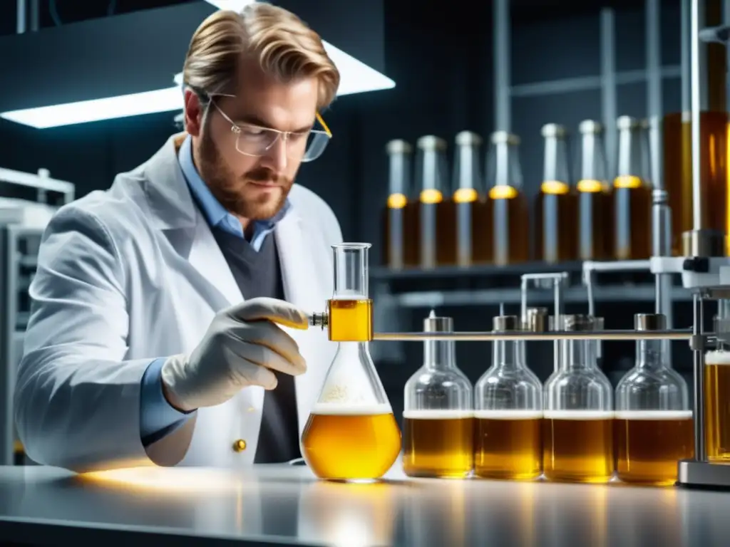 Inyección de oxígeno en producción de cerveza Técnicas de oxigenación en producción de cerveza: flasco de vidrio con líquido dorado, inyección de oxígeno y equipo científico