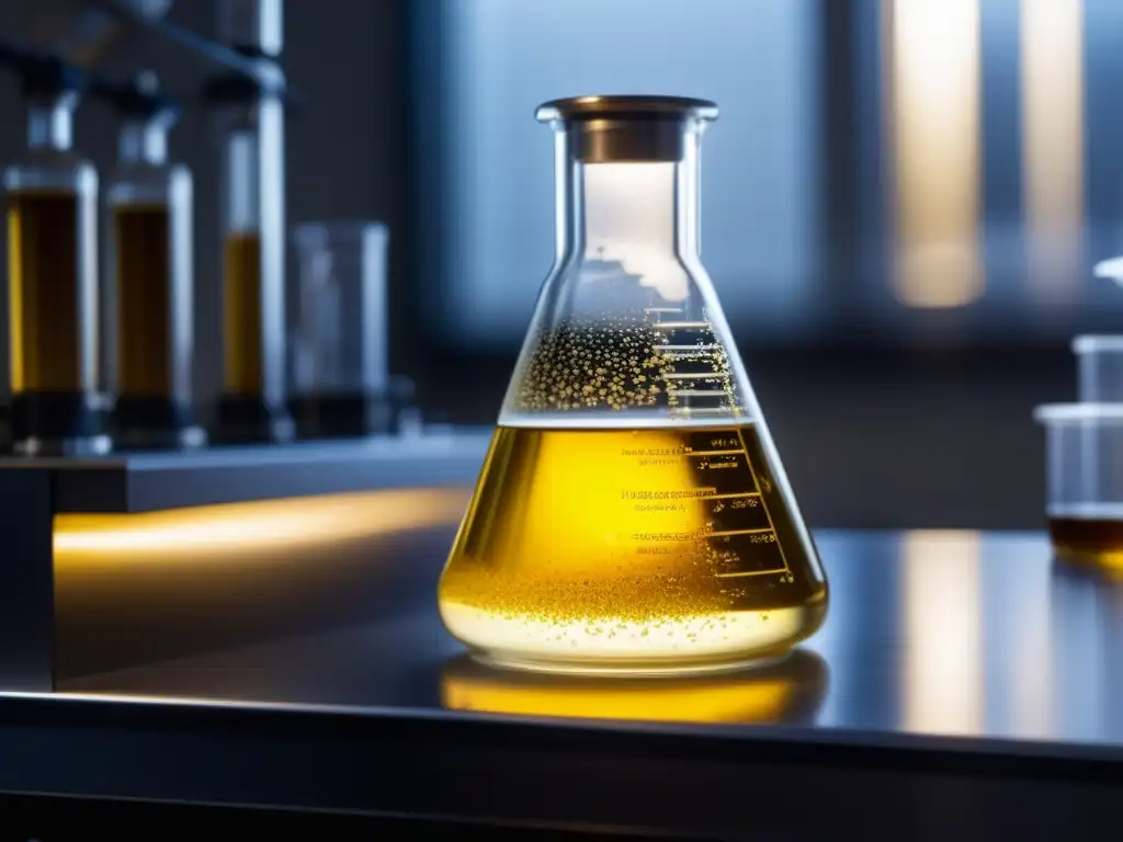 Experimento de fermentación dorada Técnicas de oxigenación en un matraz cónico lleno de mosto dorado, con burbujas ascendentes y detalles intrincados