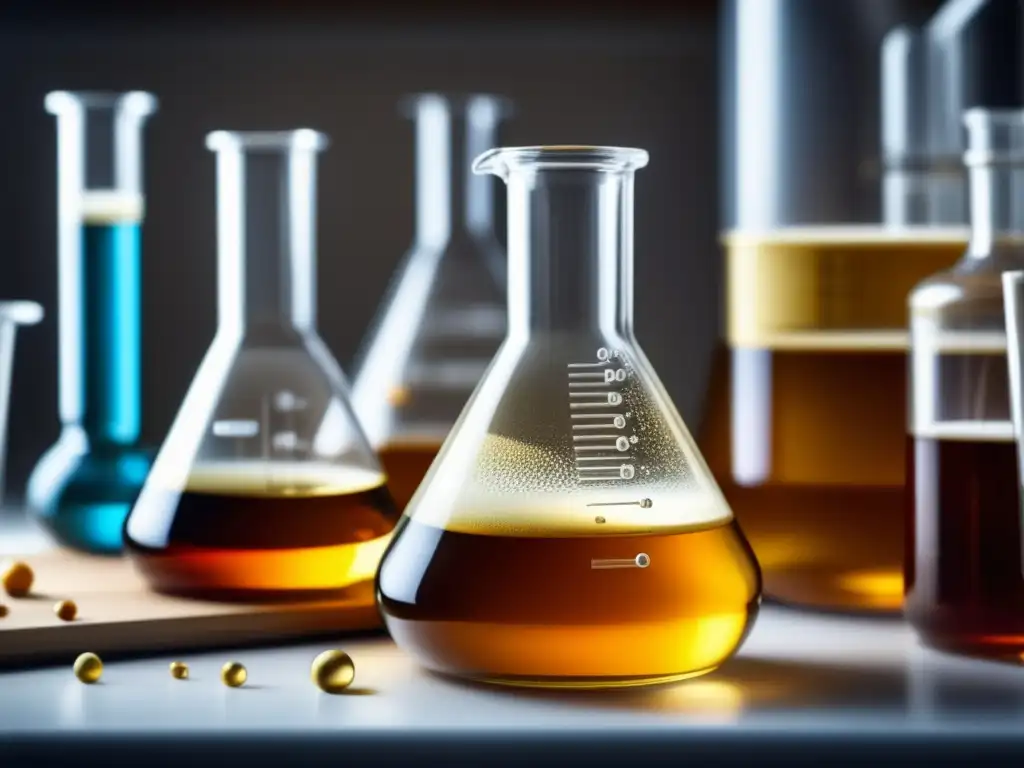 Flask dorado con fermentación y herramientas de laboratorio - De la Teoría a la Práctica