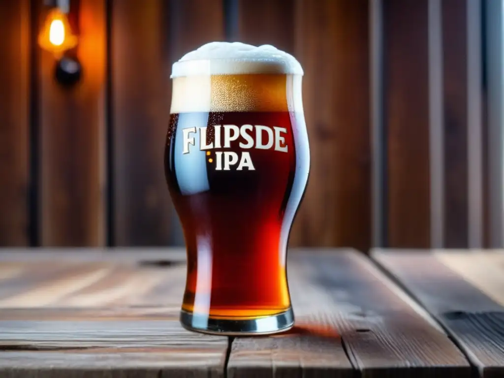 Imagen detallada de una cerveza Red IPA en una mesa de madera rústica, con burbujas y espuma cremosa