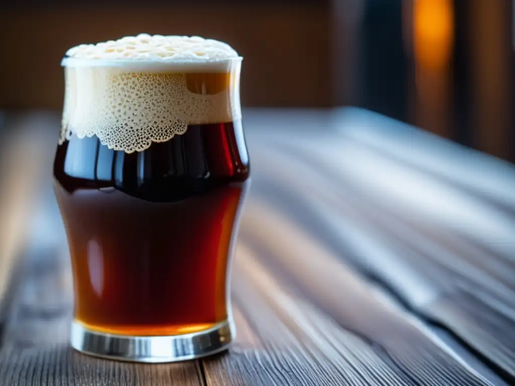 Cerveza Amber Ale en vaso, con espuma y detalles burbujeantes
