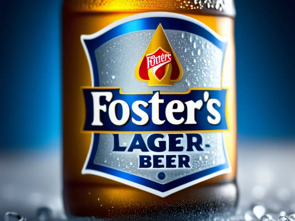 Botella de cerveza Foster's Lager cubierta de escarcha, refrescante y detallada