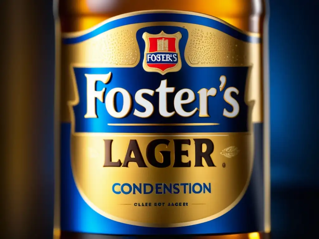 Botella helada de Foster's Lager con etiqueta azul y dorada, mostrando claridad y elegancia