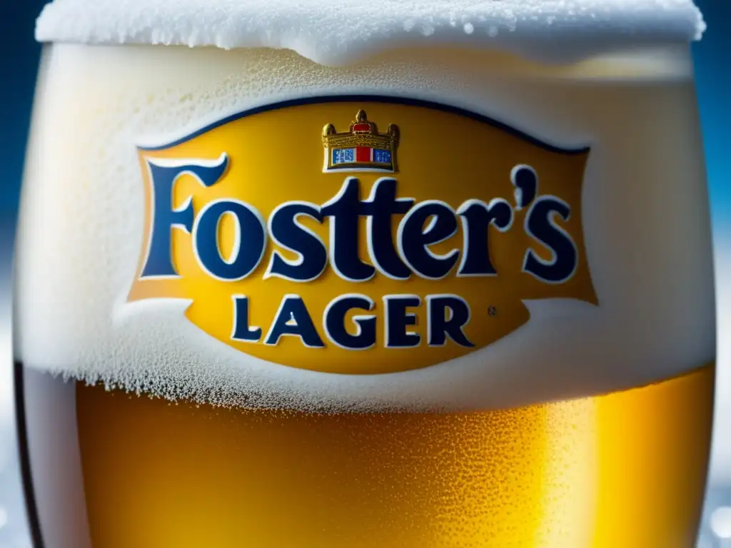 Vaso de cerveza Foster's Lager congelado, burbujeante y refrescante