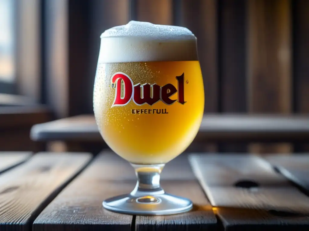 Cerveza Duvel dorada y burbujeante en vaso Vaso de cerveza Duvel dorada con burbujas, condensación y logo grabado en superficie