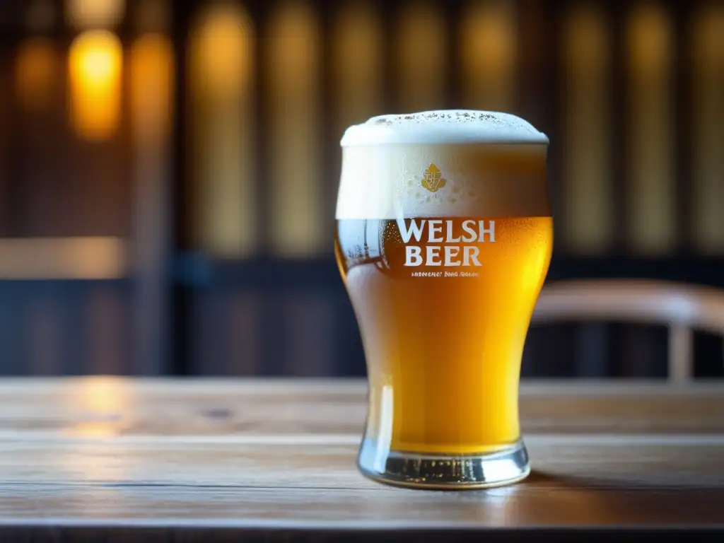 Cerveza artesanal galesa en mesa de madera Cerveza artesanal galesa con espuma cremosa - Viajes a Gales
