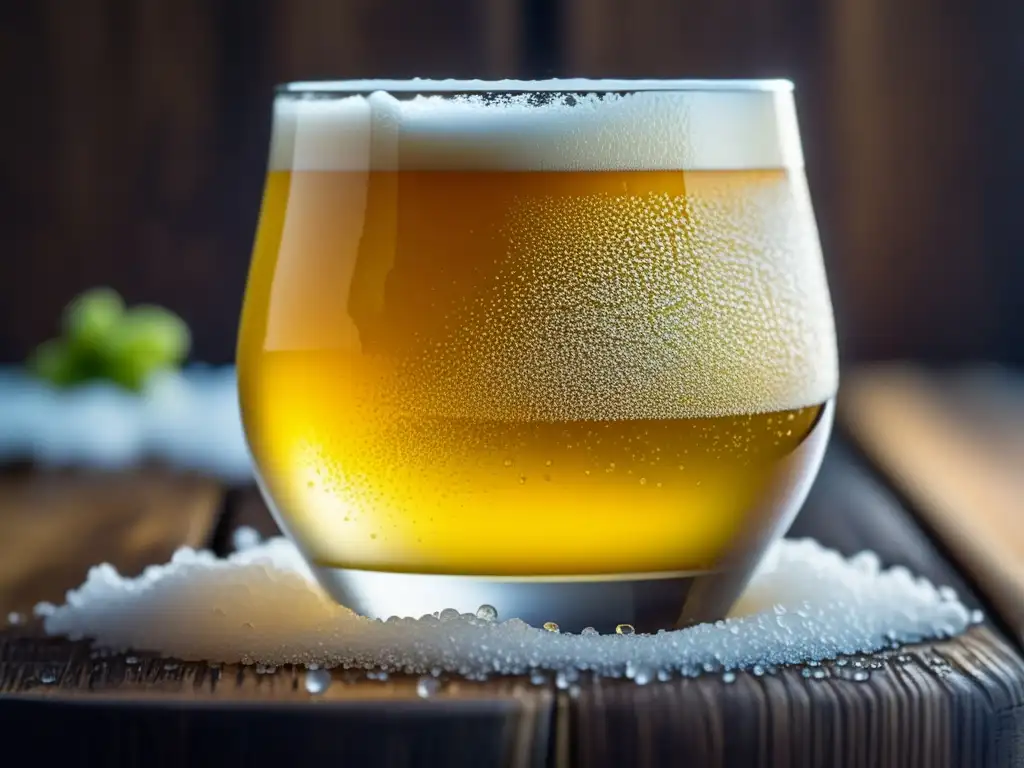 Cerveza sin alcohol con condensación y burbujas Imagen detallada: vaso de cerveza sin alcohol con condensación, burbujas y elementos naturales en mesa de madera