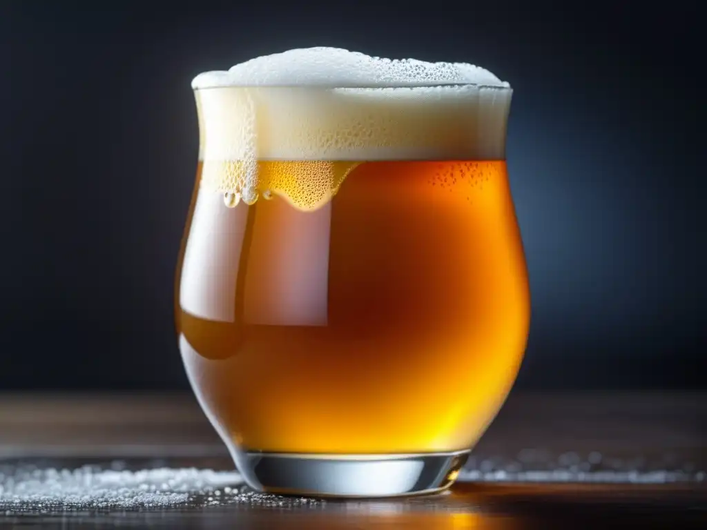 Cerveza Abbey Ale dorada y helada en copa tulipa, con espuma cremosa y burbujas efervescentes