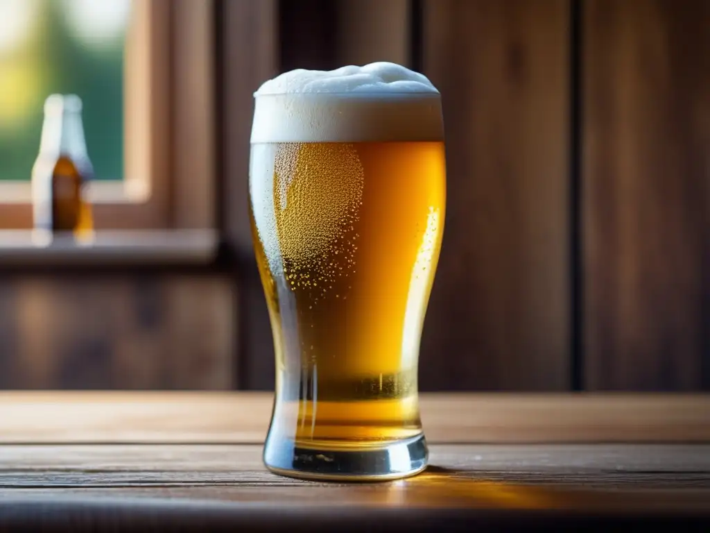 Cerveza Pilsner dorada y espumosa en mesa de madera Imagen detallada de una cerveza Pilsner dorada, con burbujas y espuma cremosa en una mesa de madera - Estilos básicos