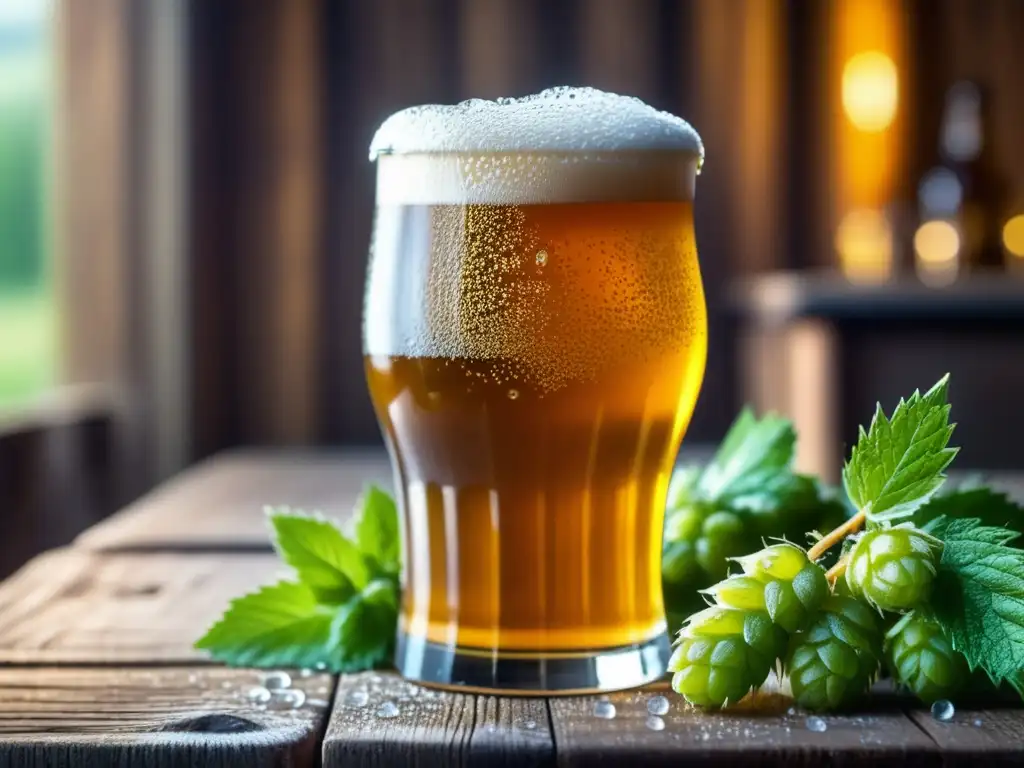 Cerveza sin alcohol refrescante y elegante Cerveza sin alcohol, burbujas refrescantes y condensación en vidrio, sobre mesa rústica con lúpulo y cebada