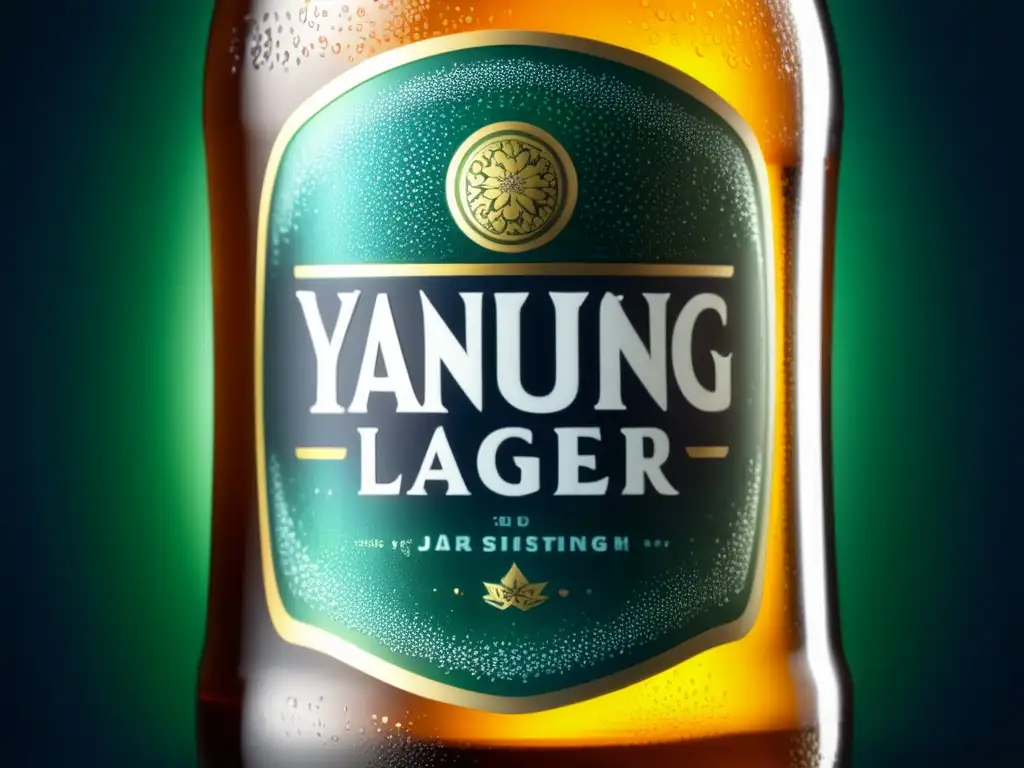 Botella de Yanjing Lager con condensación: textura suave, detalles intrincados y burbujas doradas