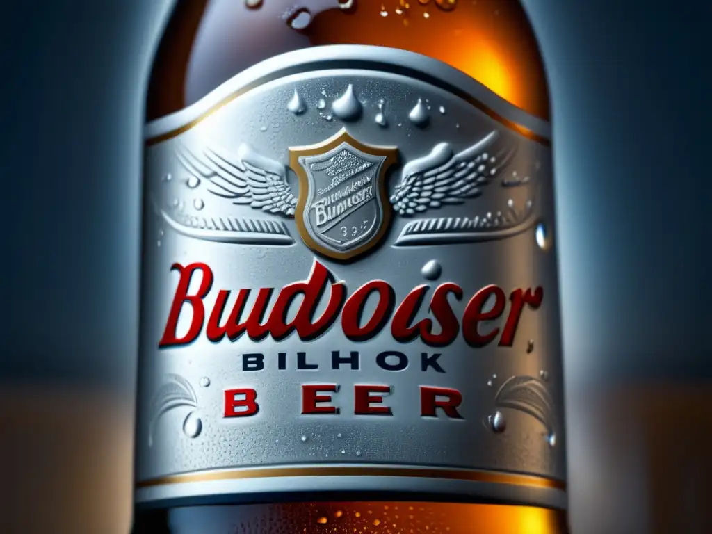 Botella de cerveza Budweiser helada, con textura mate y detalles en relieve