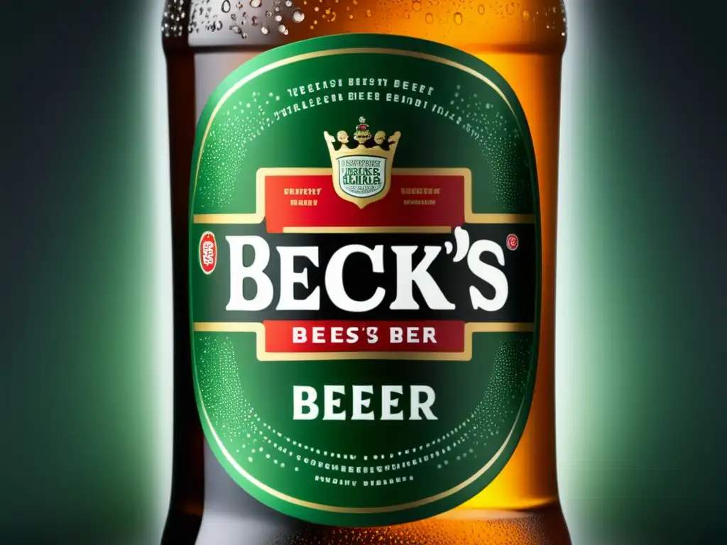 Cerveza Beck's: botella helada con gotas de condensación y el icónico logo en la etiqueta