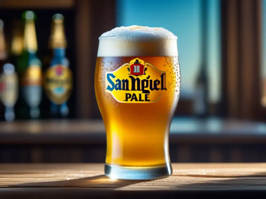 Cerveza San Miguel en vaso helado San Miguel Pale Pilsen: Cerveza dorada y refrescante en vaso de vidrio con burbujas y condensación