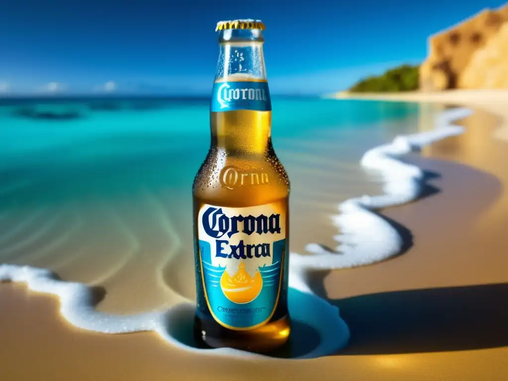 Botella de Corona Extra en agua turquesa cristalina, rodeada de arena dorada y bañada por la luz del sol