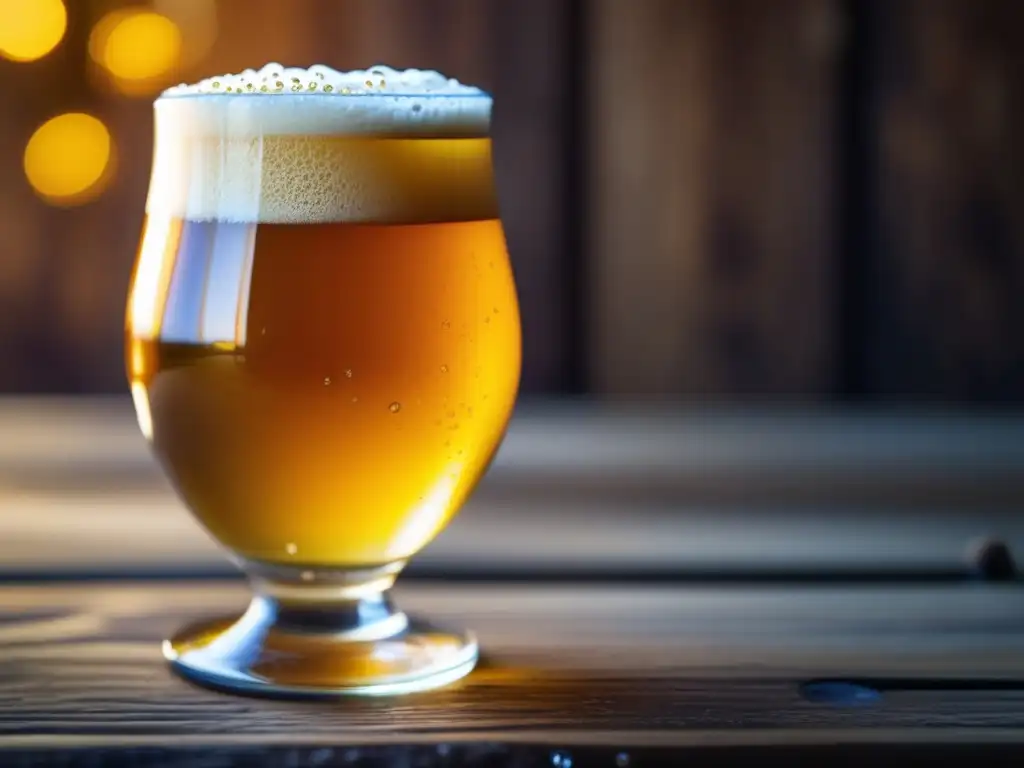 Cerveza artesanal en mesa rústica Cerveza artesanal Inglaterra: Imagen detallada de una cerveza dorada con burbujas y condensación en un vaso de madera rústico