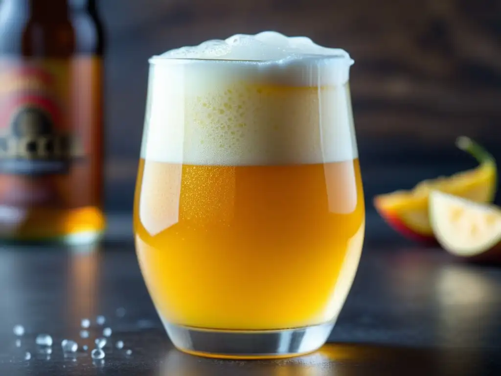 Cerveza de mangochili habanero, condensación y decoración con mango y chili