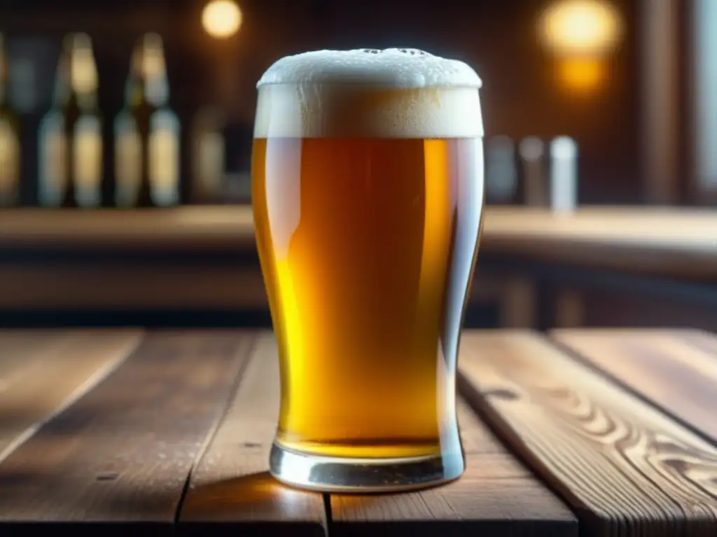Cerveza 8k en vaso de cristal con burbujas y espuma en mesa de madera - Vocabulario cervecero