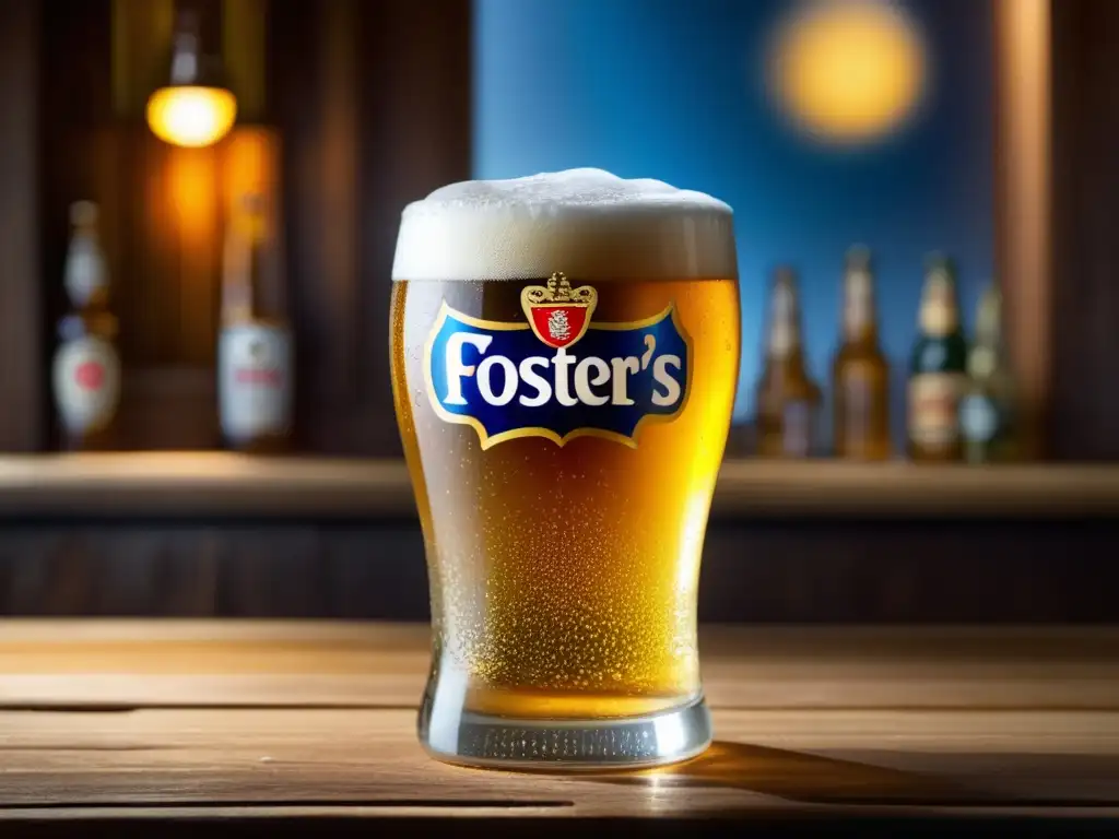 Un vaso de Foster's Lager lleno de cerveza dorada, con condensación y burbujas, sobre una mesa de madera