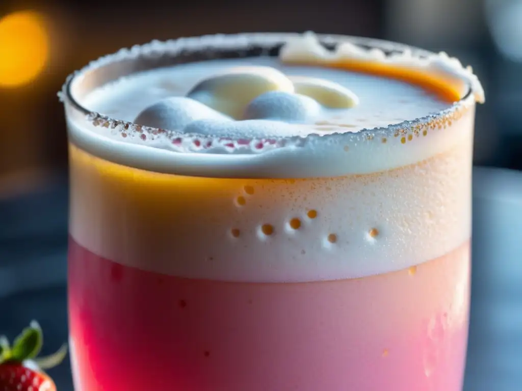 Una deliciosa Milkshake IPA de fresa con espuma cremosa, adornada con fresas frescas y condensación refrescante