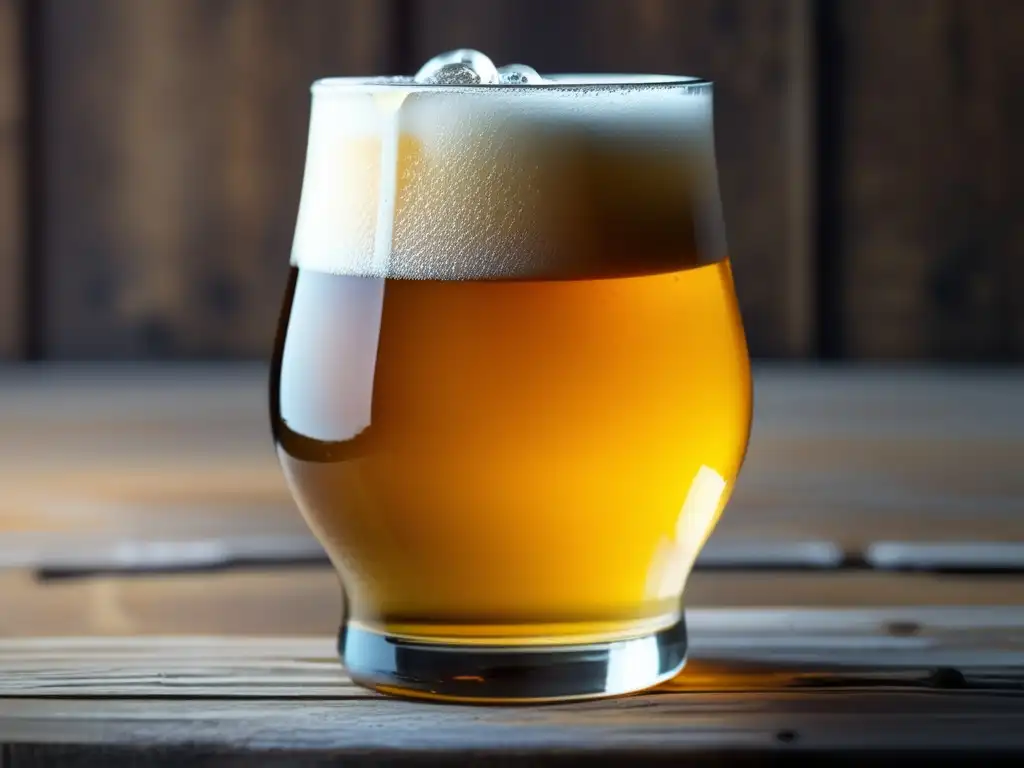 Cerveza sin alcohol en vaso helado Cerveza sin alcohol en un vaso helado con espuma cremosa y elementos de la elaboración