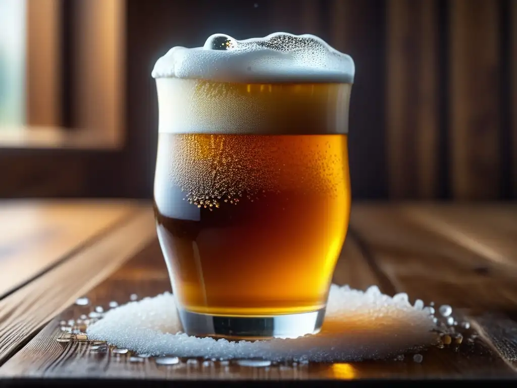 Cerveza sin alcohol refrescante y tentadora Cerveza sin alcohol dorada con burbujas, condensación y granos de lúpulo en mesa de madera