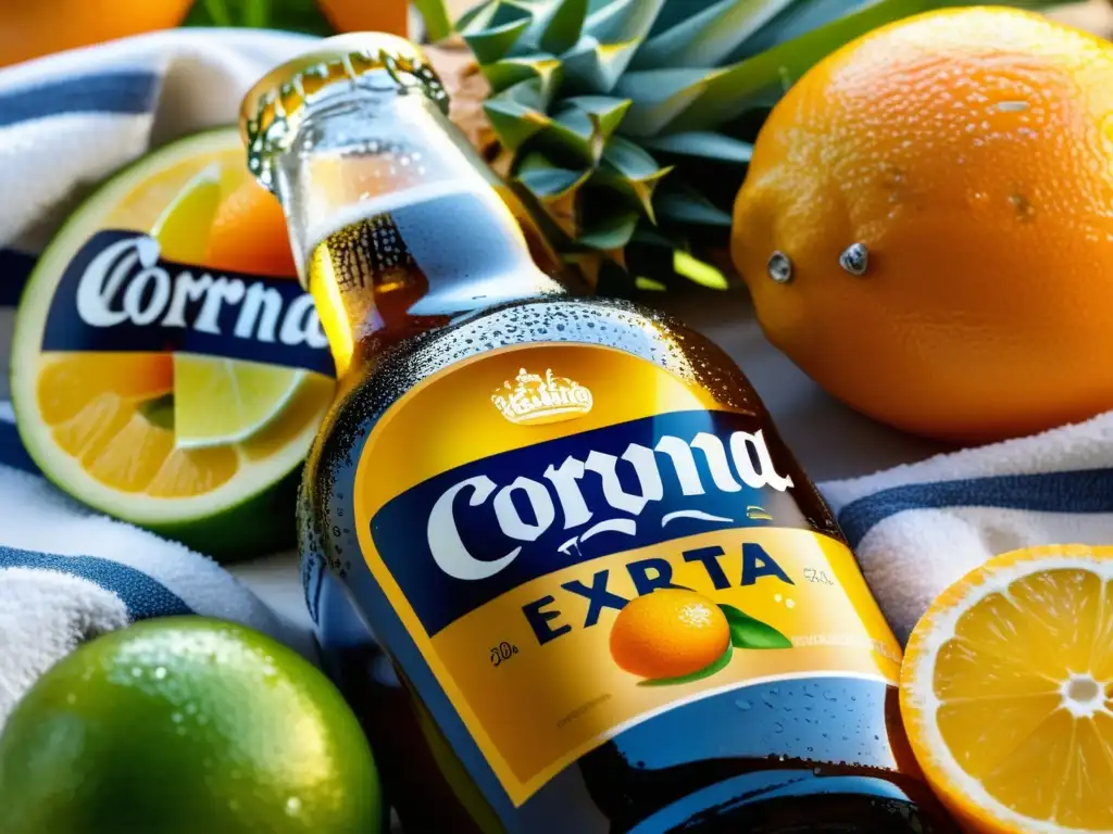 Botella de Corona Extra en la playa rodeada de frutas tropicales y condensación, capturando la esencia refrescante y tropical de la marca