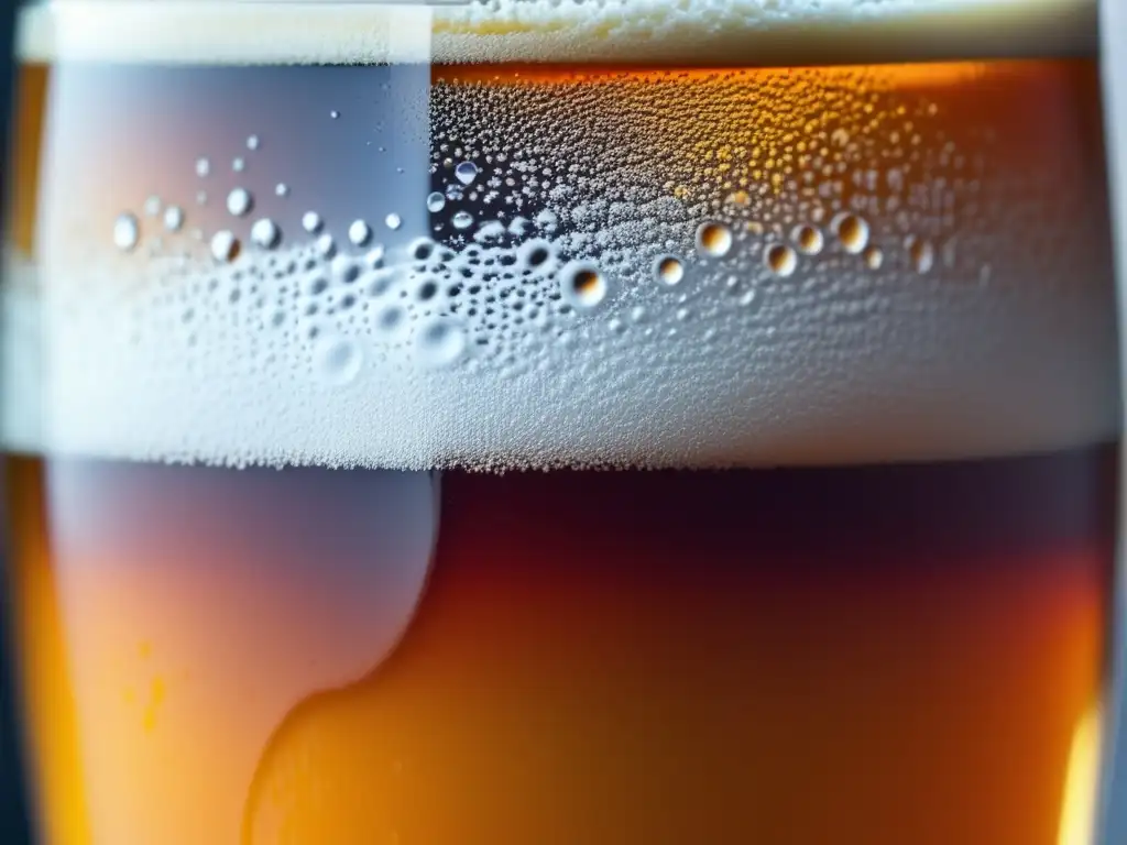 Cerveza IPA ámbar efervescente en vaso con patrones de condensación y tonos dorados