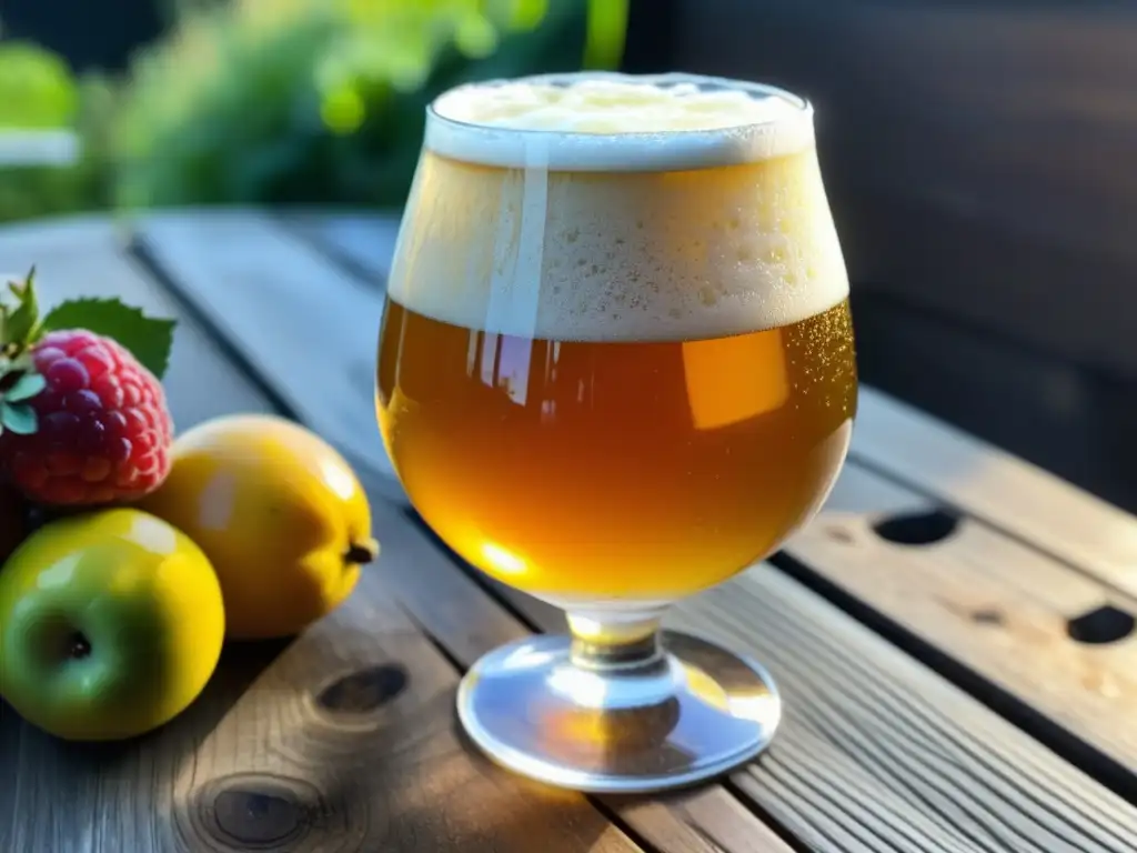 Delicioso vaso de cerveza lambic rodeado de frutas frescas Detallada imagen de una copa de cerveza lambic rodeada de frutas frescas: lambic y frutas frescas