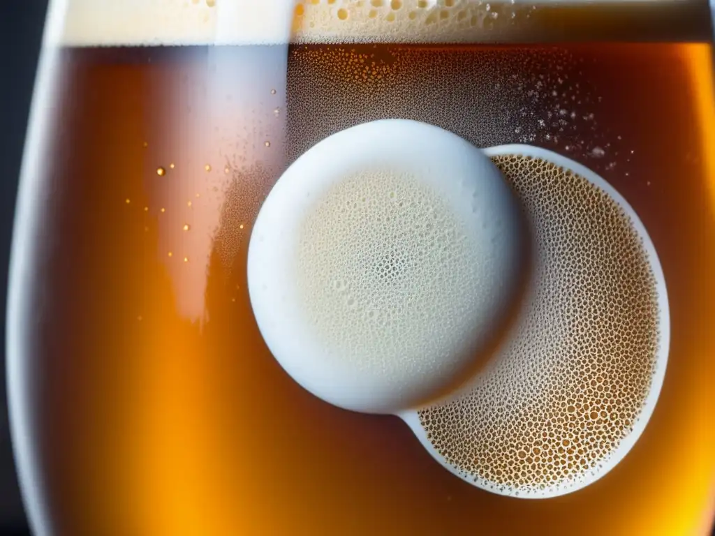 Ruthless Rye IPA: Cerveza ámbar con burbujas y espuma Cerveza Ruthless Rye IPA: closeup con burbujas de carbonatación y granos de centeno, color ámbar y espuma blanca