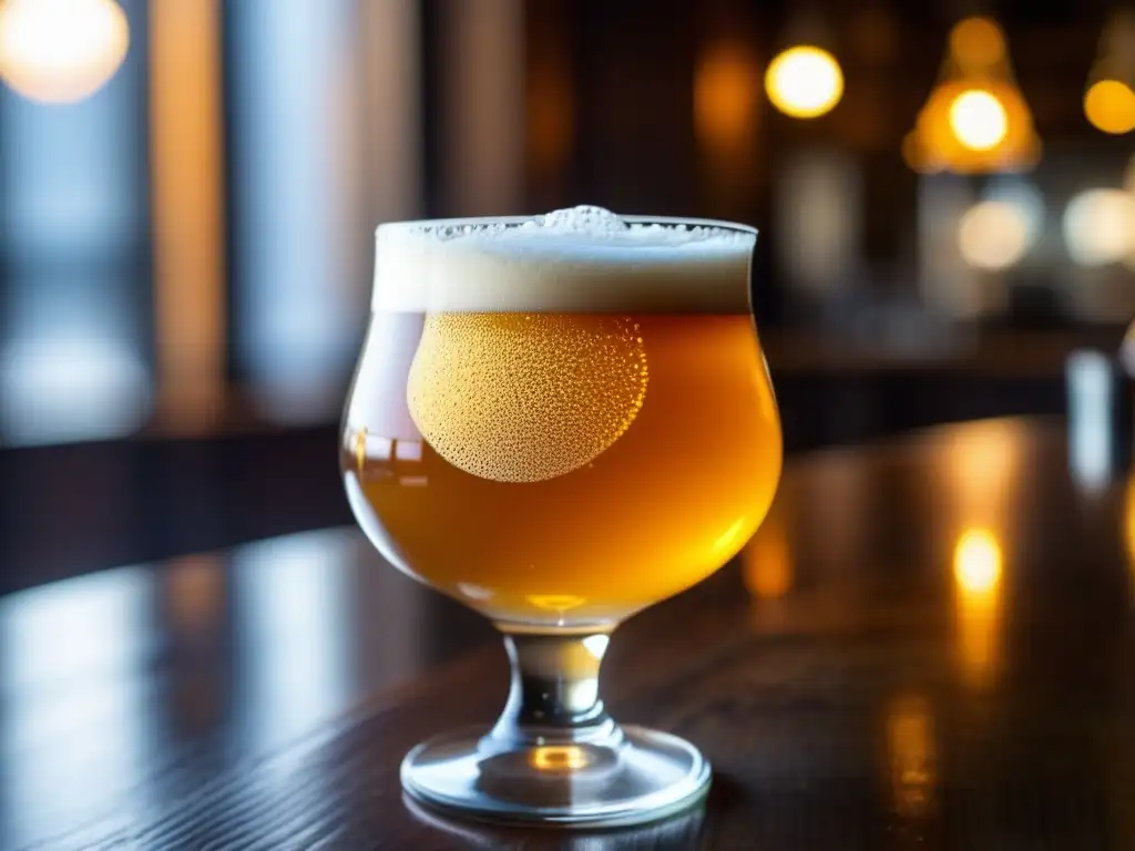 Cerveza Saison dorada en vaso tulipa Cerveza Saison dorada con espuma en copa tulipa sobre mesa de madera rústica, resaltando su efervescencia y burbujas