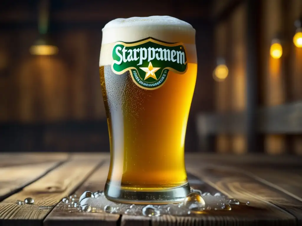 Cerveza Staropramen, dorada y espumosa en mesa de madera Staropramen Czech Lager: imagen 8k detallada de cerveza dorada con espuma cremosa en mesa de madera rústica, condensación y burbujas carbonatadas
