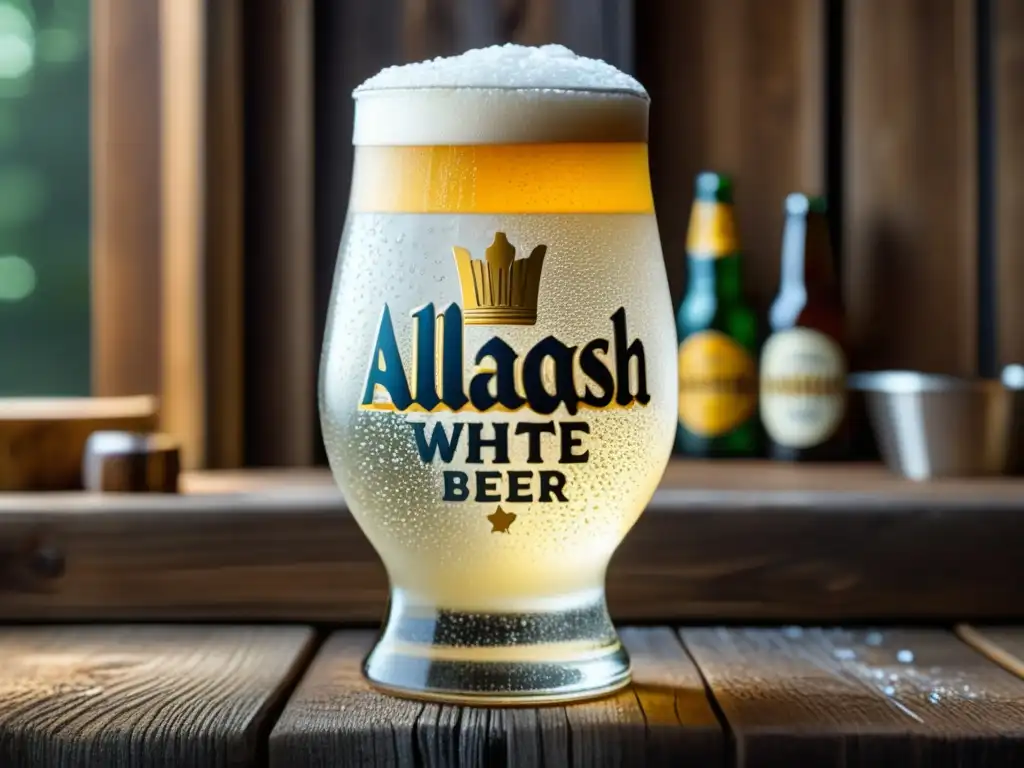 Cerveza Allagash White estilo belga en vaso con condensación, burbujas y etiqueta elegante en mesa de madera