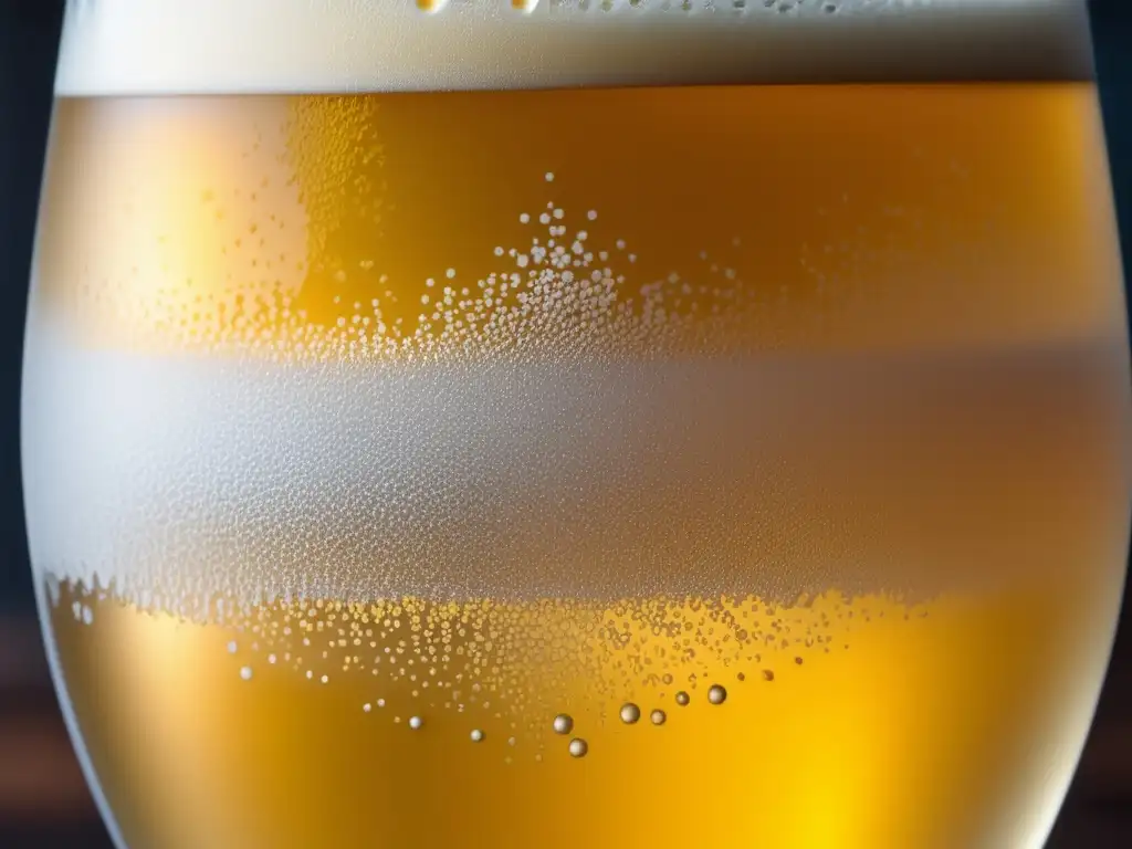 Cerveza sin alcohol dorada y efervescente en vaso helado Tendencias de consumo: Vaso de cerveza sin alcohol dorada y burbujeante, con condensación que resalta las burbujas y detalles de vidrio elegante