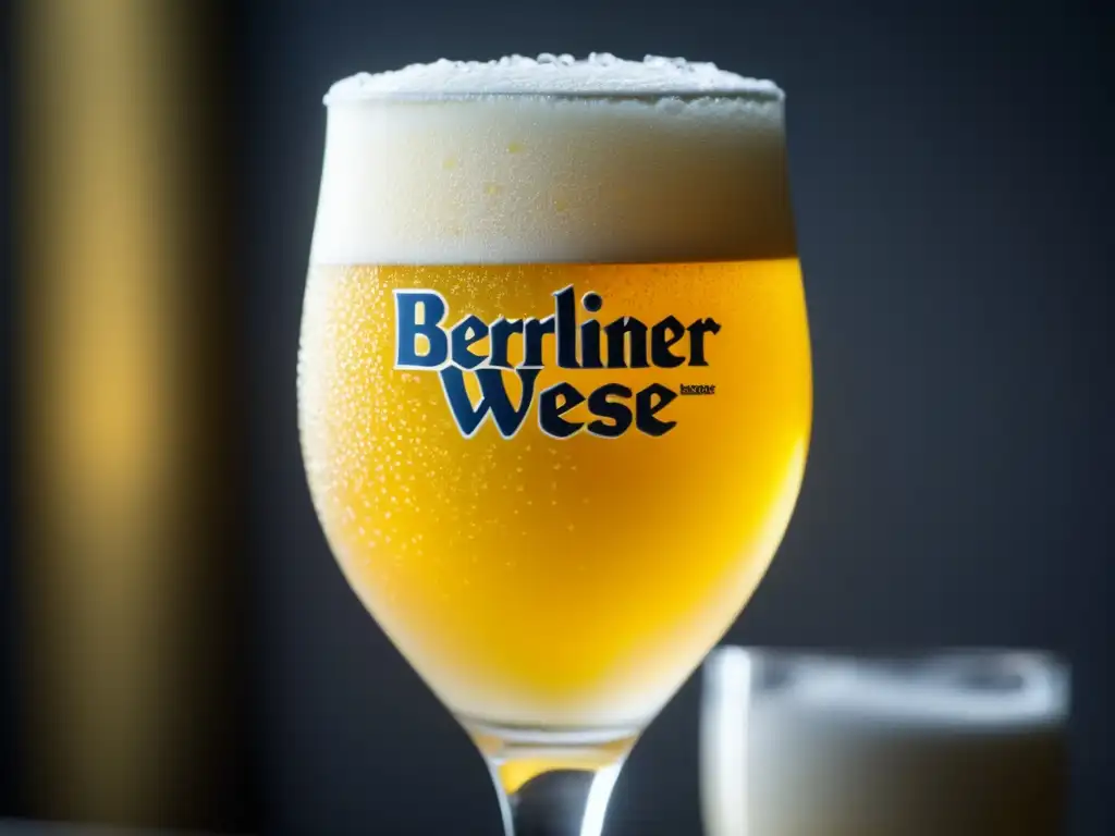 Cerveza Berliner Kindl Weisse, dorada y efervescente, con espuma delicada y un fondo de jardín de cerveza alemán