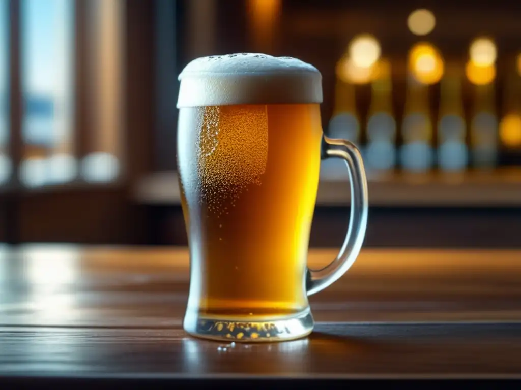 Cerveza dorada en vaso helado Detalle de un vaso de cerveza dorada con condensación en una mesa de madera - Iluminación y Cerveza