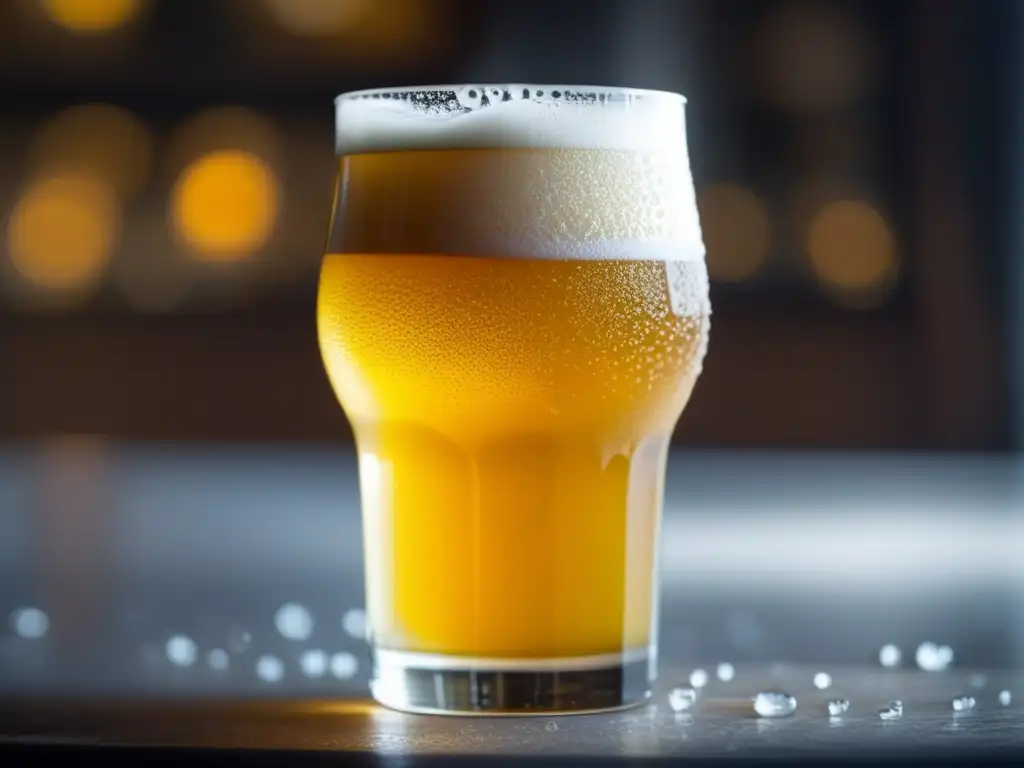 Cerveza artesanal dorada con limón y mariscos Cervezas de Trigo y Mariscos: Vaso de cerveza dorada con limón, mariscos y condensación destacan en luz ambiental