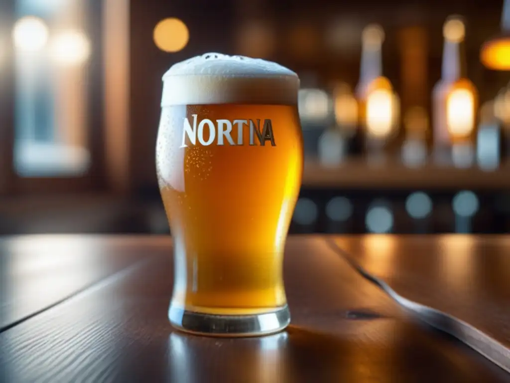 Cerveza Nortña Golden Ale en vaso helado: burbujas, condensación y espuma dorada
