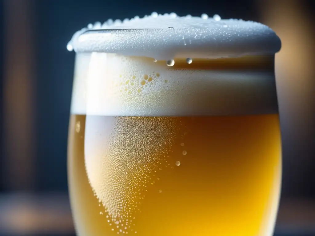 Cerveza de trigo con espuma cremosa Cervezas de Trigo y Mariscos: Vaso de cerveza de trigo con condensación, espuma densa y detalles elegantes