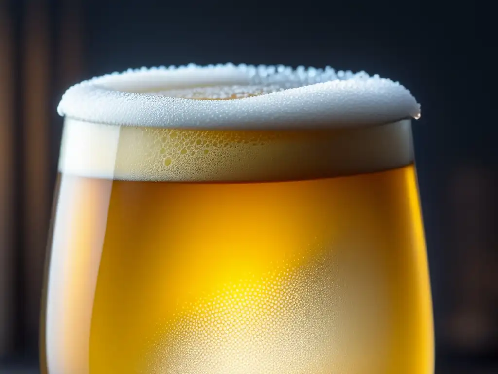 Cerveza Saison dorada en vaso helado Cerveza Saison dorada y refrescante en vaso helado con condensación y burbujas, realzada con romero fresco