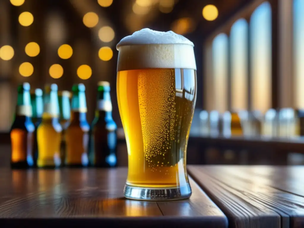 Imagen de cerveza artesanal en vaso con burbujas, rodeada de estilos de cerveza