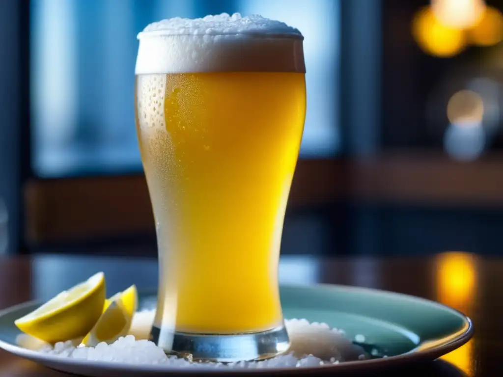 Cerveza de trigo dorada y mariscos suculentos Cervezas de Trigo y Mariscos - Vaso de cerveza dorada con limón en el borde y mariscos en hielo crushed
