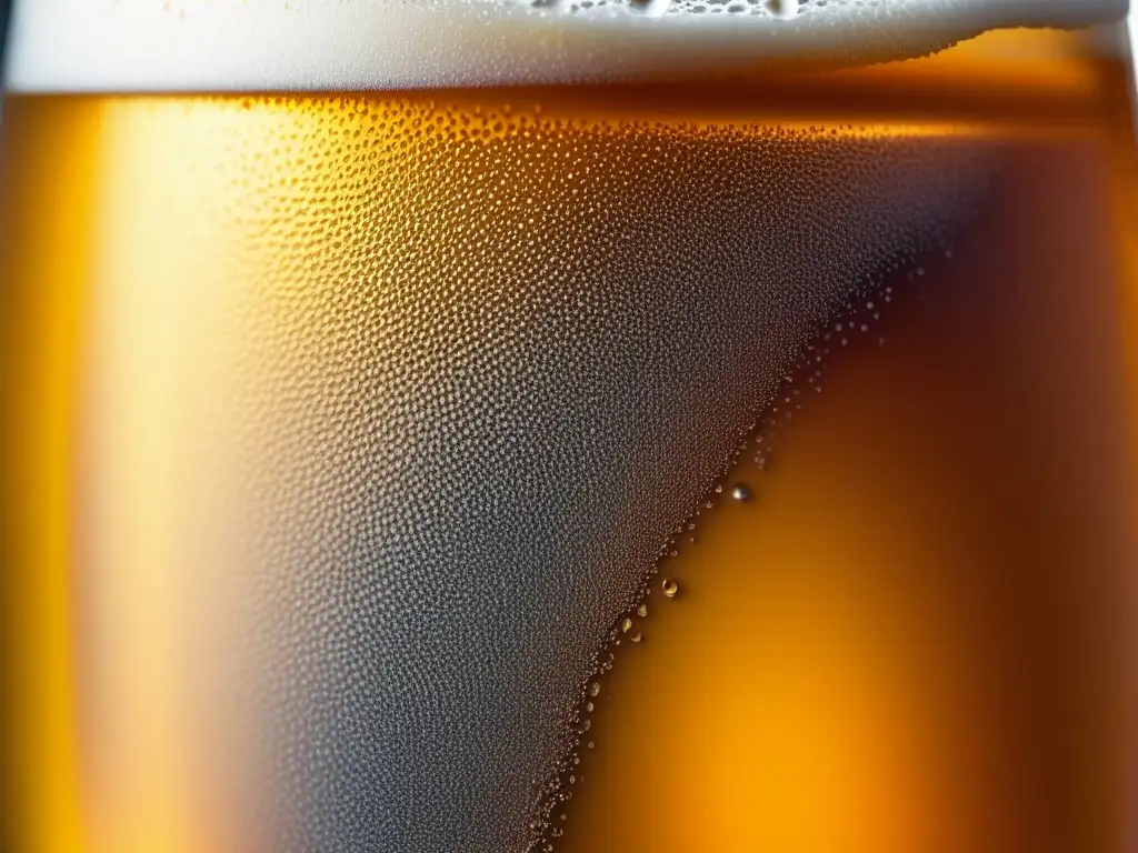 Agua dorada refrescante en vaso congelado Cerveza sin alcohol con condensación en vaso gélido, burbujas y textura sofisticada
