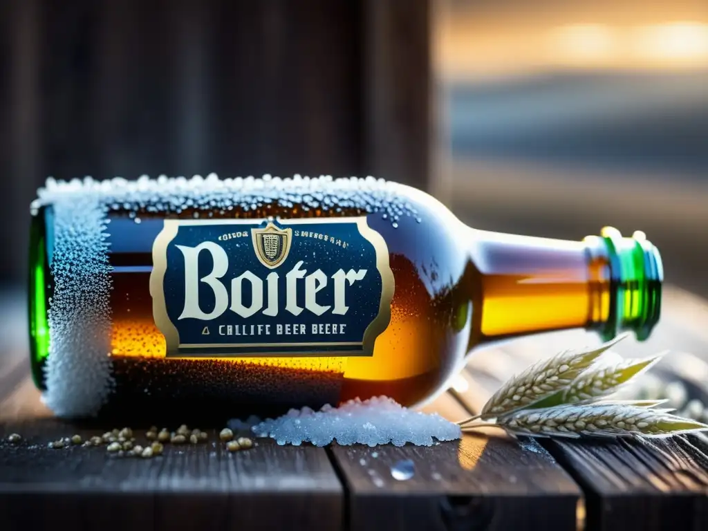 Botella de cerveza congelada en mesa de madera rústica, granos de cebada y lúpulo esparcidos - Club Cerveza México
